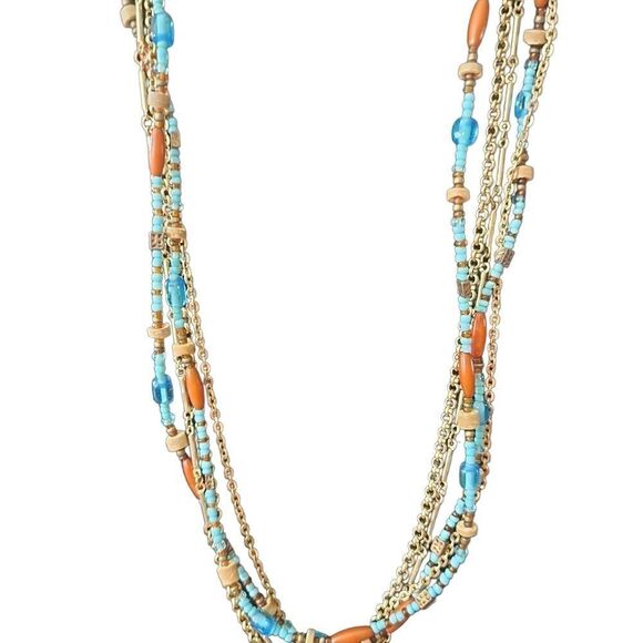 Premier Designs Multi-Strand Gold, Blue, & Orange Beaded Necklace - Picture 1 of 3